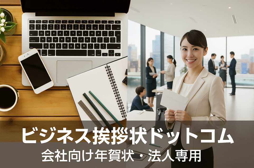 法人向けの挨拶状サービスを紹介するためのビジネスシーンの横長イメージ写真