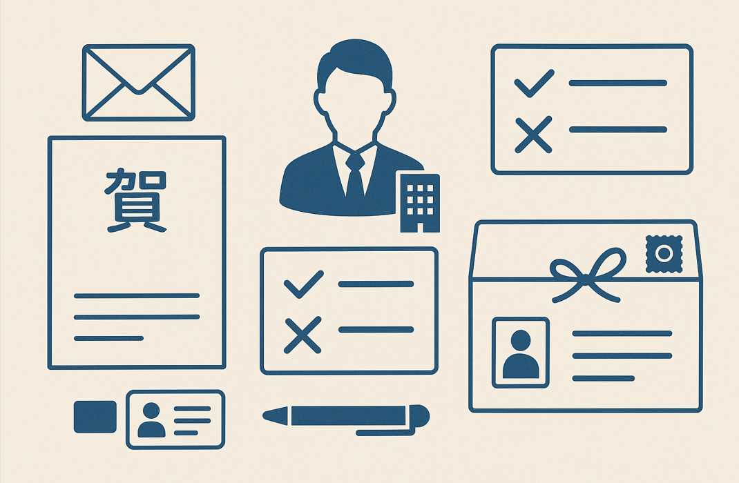 ビジネス年賀状のマナーを示す横長イラスト。封筒、名刺/身分証、ビジネス人物シルエット、チェックリスト、宛名面の要素が並ぶ。