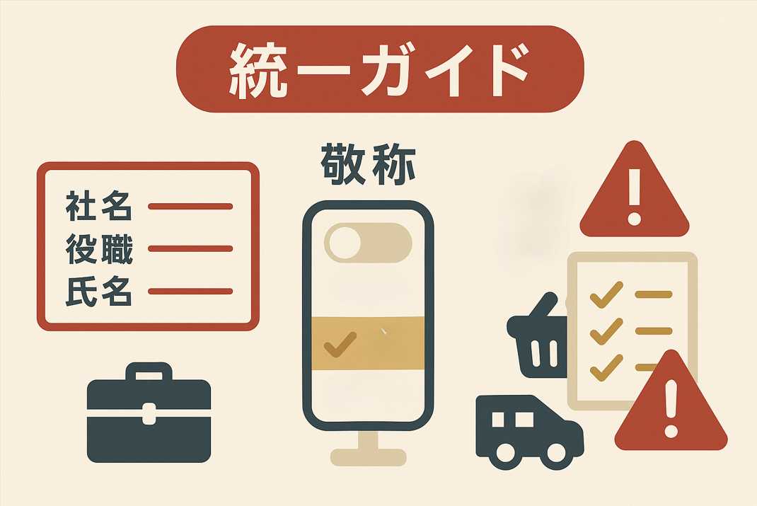社名・役職・敬称の統一ガイドのイメージ。名刺カード（社名／役職／氏名）と、敬称のトグル（様・殿・なしで「なし」にチェック）、右に統一チェックリストを配置した横長画像。