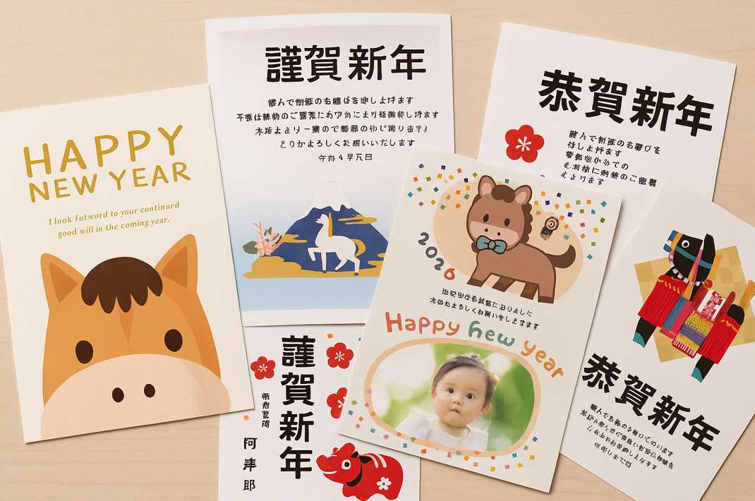 年賀状印刷を安く高品質に仕上げる方法を紹介する記事のイメージ。干支や写真入りの年賀状を木目背景に並べた構図。