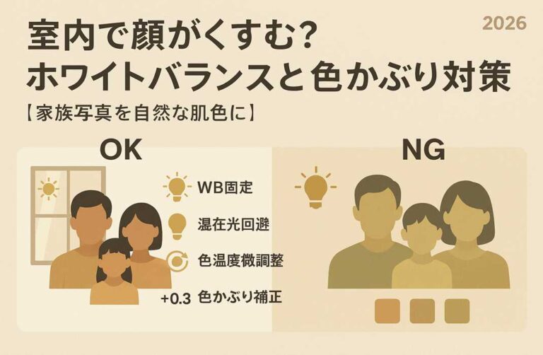 室内で肌がくすむ原因|WB設定と色かぶり対策【家族写真2026】 | お気に入り年賀状