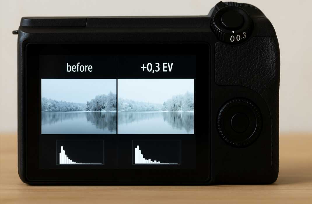 カメラ背面モニターに暗めの風景写真と＋0.3EVで明るくした写真の比較が映る横長カット。ヒストグラムでトーン改善が分かる。