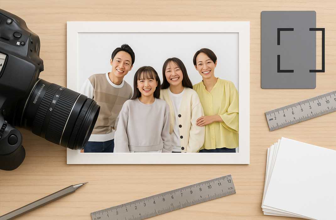 写真をきれいに仕上げるイメージ。カメラ、フォトプリント、定規、グレーカード、写真の束を木目背景に左寄せ配置（右側に広い余白）。