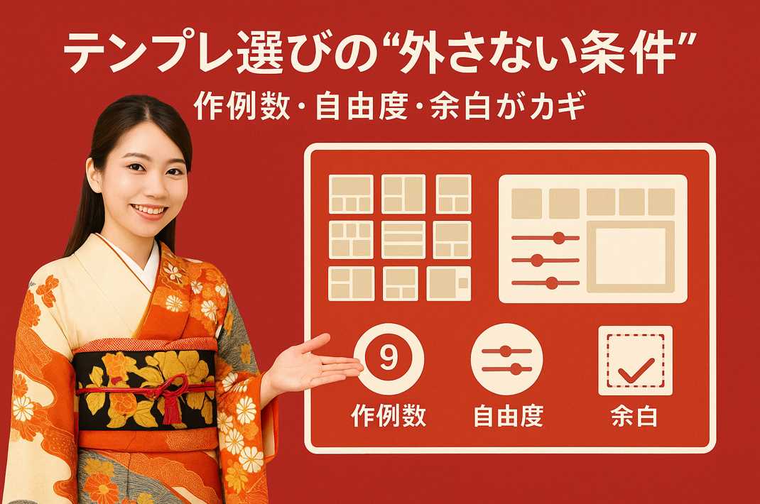 テンプレ選びの“外さない条件”：作例数・自由度・余白。着物のキャンペーンガールが左手でボードを指し示し、右側に作例グリッドと自由度スライダー、余白チェックのアイコンを示した横長画像。
