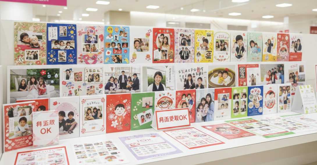 イオンの年賀状印刷サービスをイメージした豊富な店頭デザイン展示