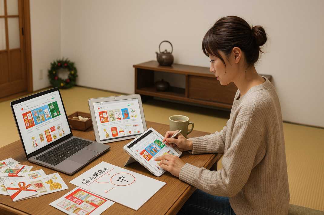 年賀状印刷サービスを比較しながら自分に合う一社を選んでいる女性