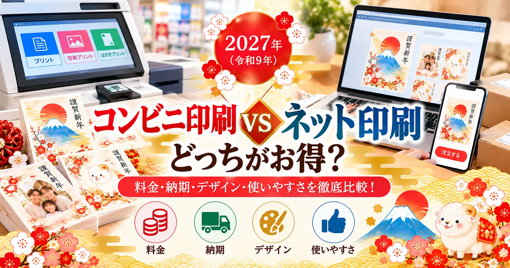 2027年の年賀状印刷をコンビニ印刷とネット印刷で比較するイメージ。マルチコピー機、パソコンやスマートフォン、富士山や羊の年賀状デザインを配置。