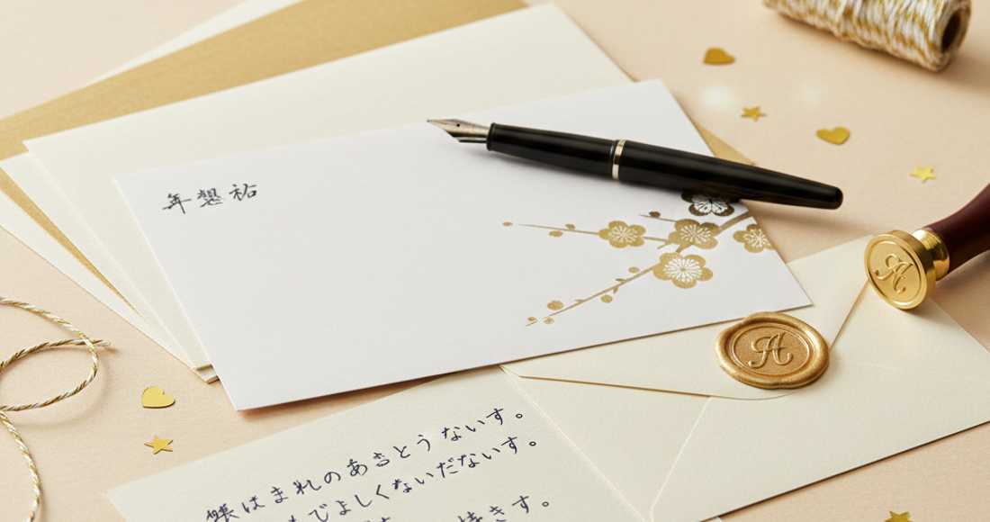 ふみいろ年賀状の上品な和風デザインをイメージしたはがきと万年筆の写真
