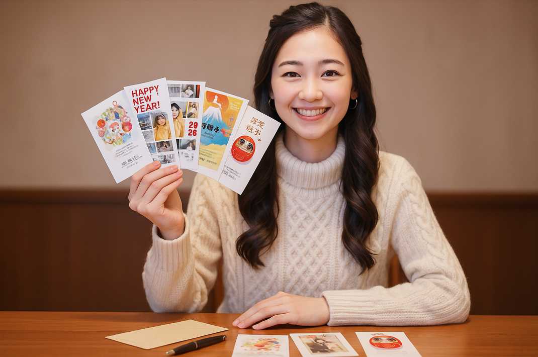 年賀状を手に笑顔を見せる女性。テーブルの上には封筒とペン、年賀状サンプルが並ぶ冬の室内シーン。