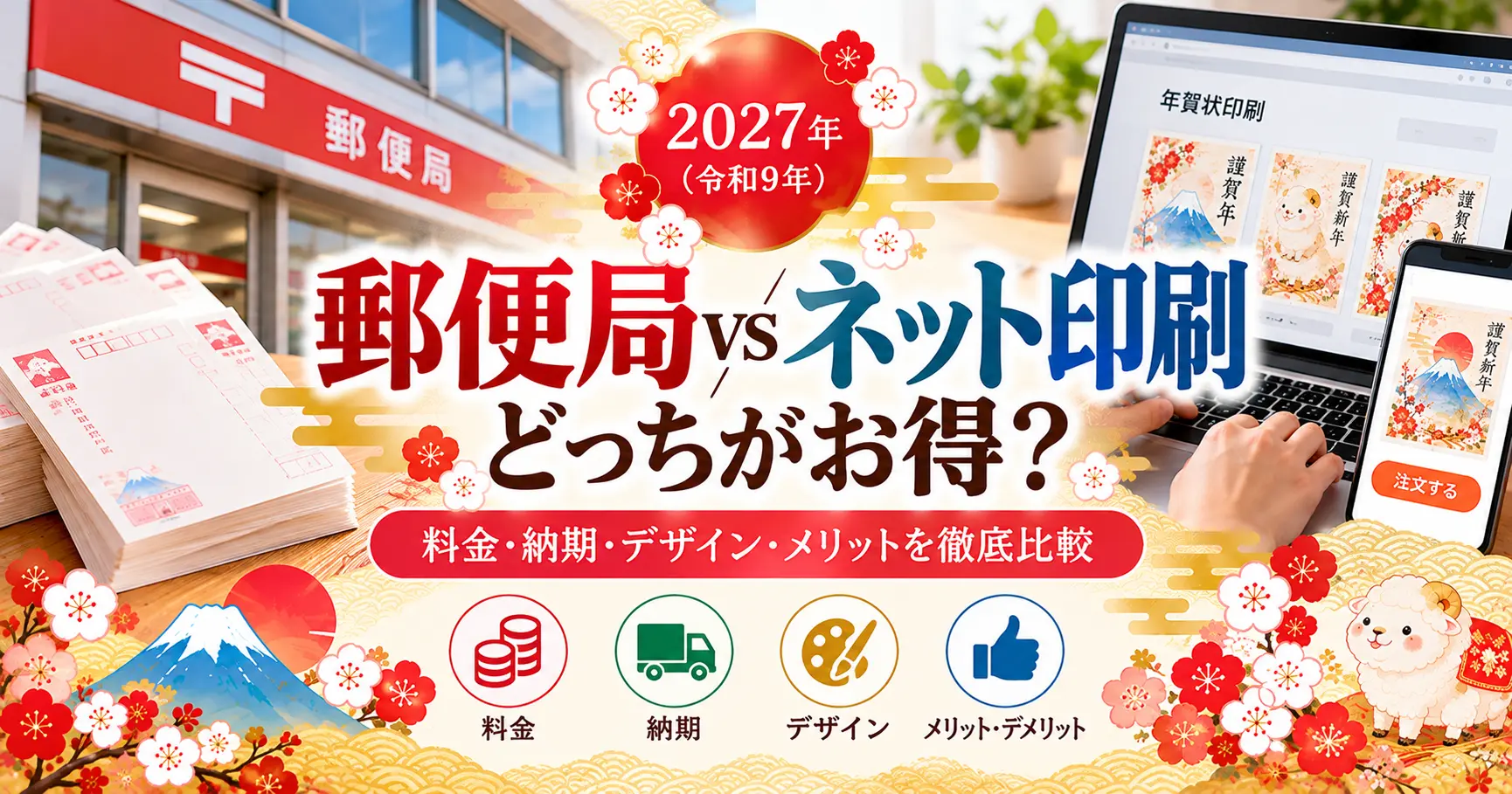2027年の年賀状印刷を郵便局とネット印刷で比較するイメージ。郵便局の窓口、パソコンやスマートフォンでの注文、年賀状のデザイン見本を配置。