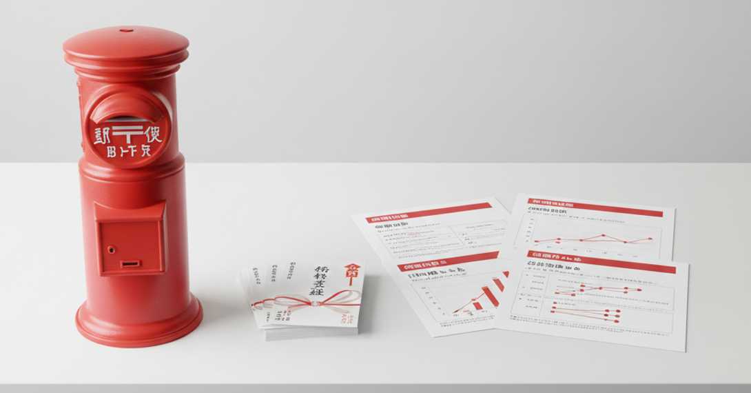 郵便局の赤いポストと年賀状、資料が並んだイメージ写真