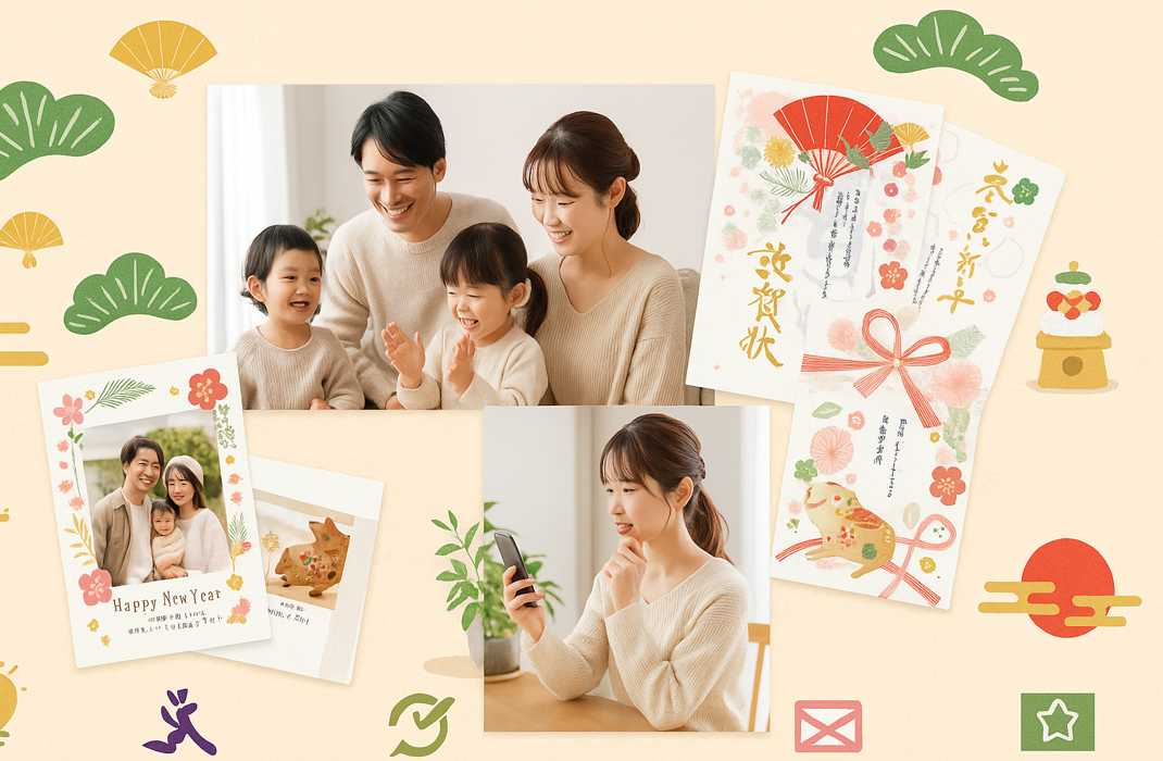 お気に入り年賀状サイトの2026年版サイトマップ用ワイドイメージ。家族写真や年賀状デザインで構成された案内画像。