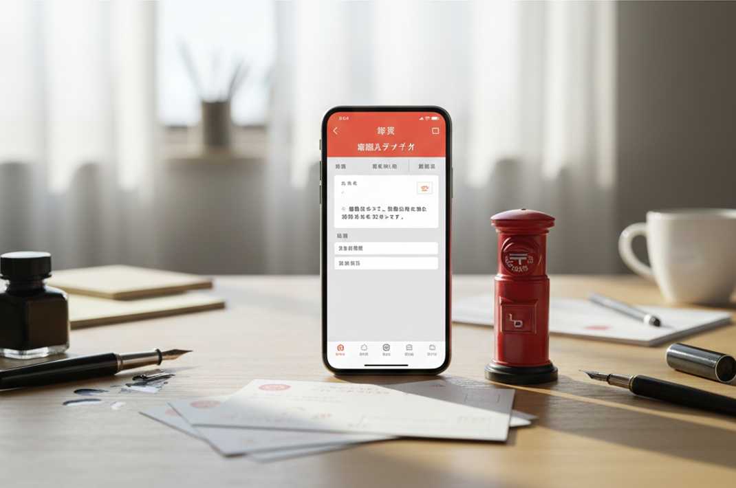スマホで年賀状の宛名印刷画面を操作する様子と赤い郵便ポスト