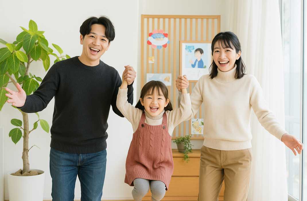 家族写真の写真仕上げとデザイン仕上げを並べて比較した年賀状作例画像