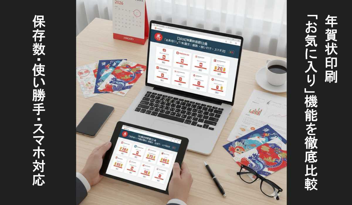 パソコンとタブレットで年賀状印刷12社のお気に入り比較画面を確認している様子のイメージ画像。