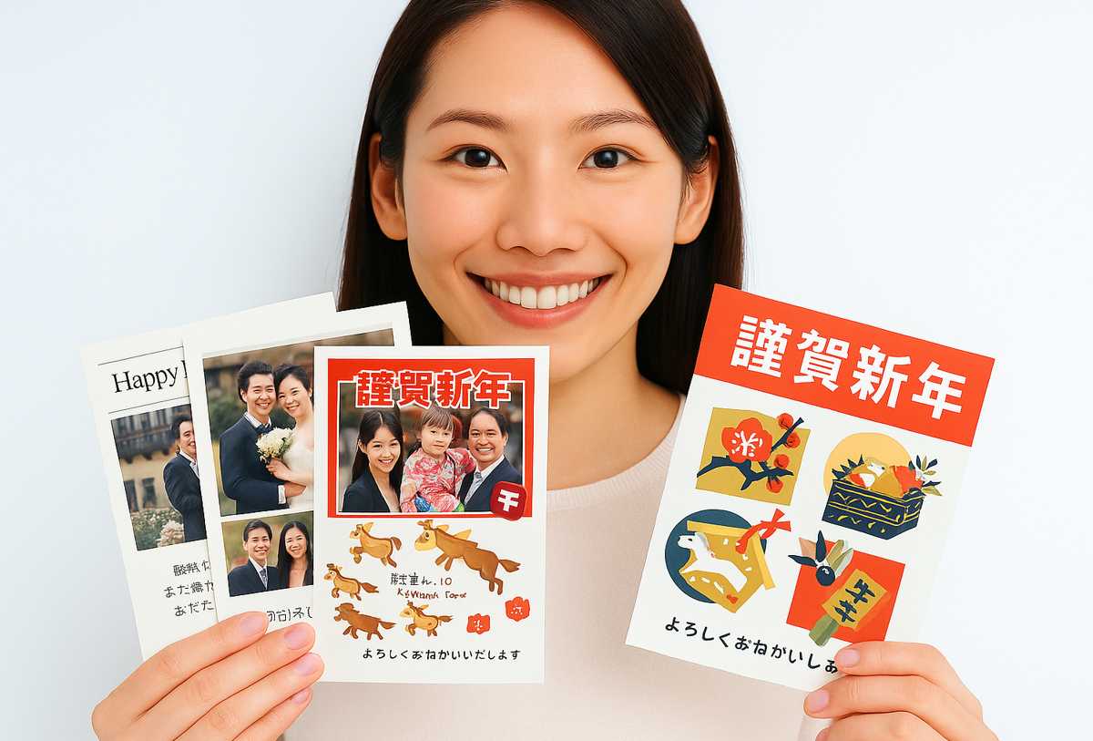 年賀状印刷の比較ができる写真年賀状とイラスト年賀状を手に持つ女性の画像