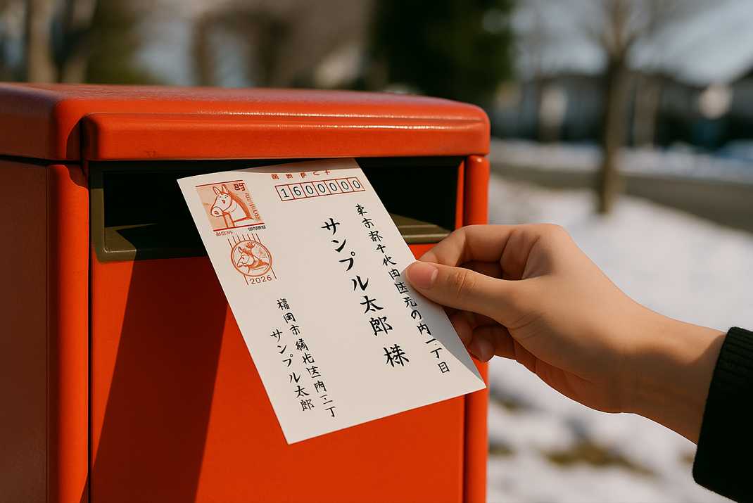 年賀状をポストに投函する様子。2026年の年賀状はいつから出せるかを示すイメージ