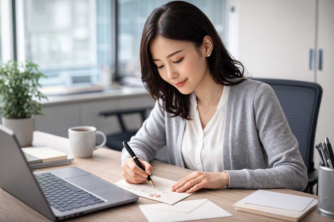 オフィスで書類を扱う女性事務員が年賀状の文面作成をしている様子