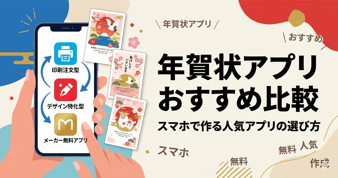 スマホ画面に「印刷注文型」「デザイン特化型」「メーカー無料アプリ」の3タイプが表示され、周囲に完成した年賀状のデザインサンプルが並ぶ、年賀状アプリおすすめ比較記事のアイキャッチ画像。