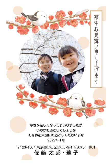 年賀状スクエアの寒中見舞いデザイン「梅の枝にとまる二羽のシマエナガと丸い写真枠（F901）」