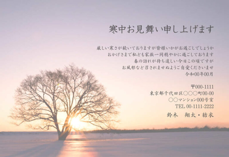 年賀家族の寒中見舞いデザイン「雪原に立つ葉を落とした大きな木（87942）」