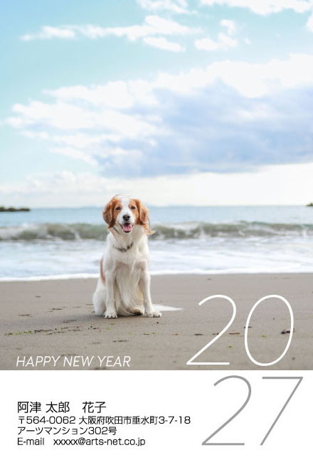 おたより本舗の2027年用年賀状デザイン「全面の写真に細い線の2027を重ねた1枚（P4106）」