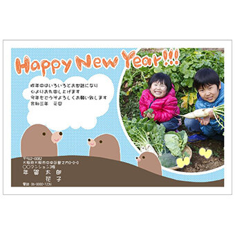Rakpoの2027年用年賀状デザイン「丘から顔を出す3匹の動物（201329）」