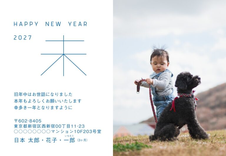 しまうまプリントの2027年用年賀状デザイン「青い線の「未」の字と右側の大きな写真（NDD072）」