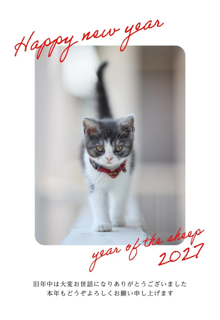 しまうまプリントの2027年用年賀状デザイン「写真枠をはさんで斜めに踊る英字の挨拶（NKK057）」