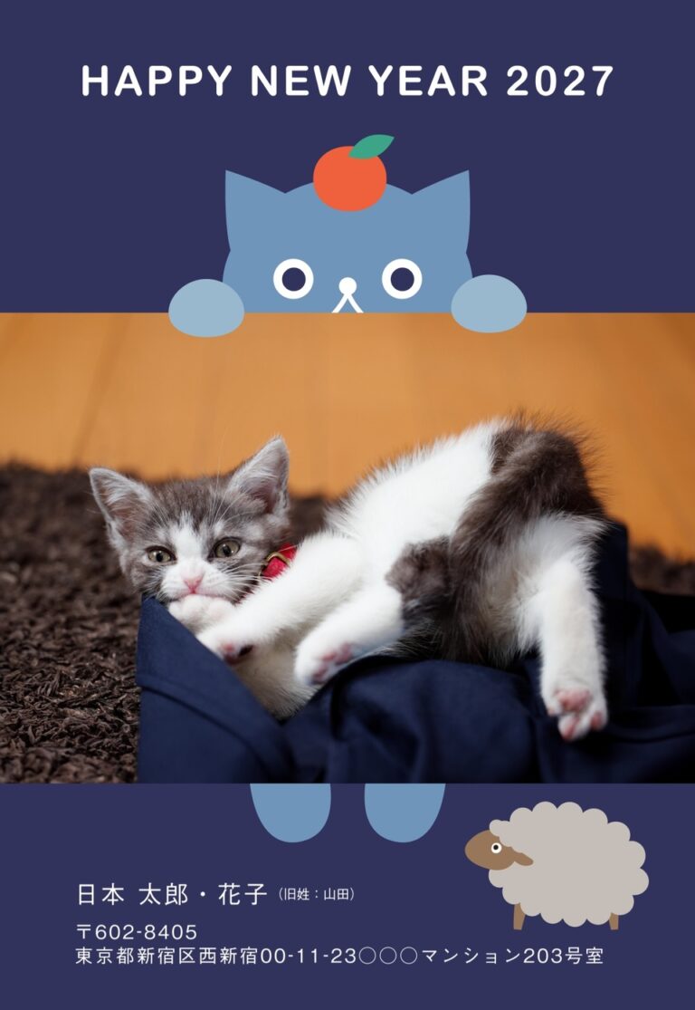 しまうまプリントの2027年用年賀状デザイン「写真の縁からのぞく、みかんをのせたねこ（NKK065）」