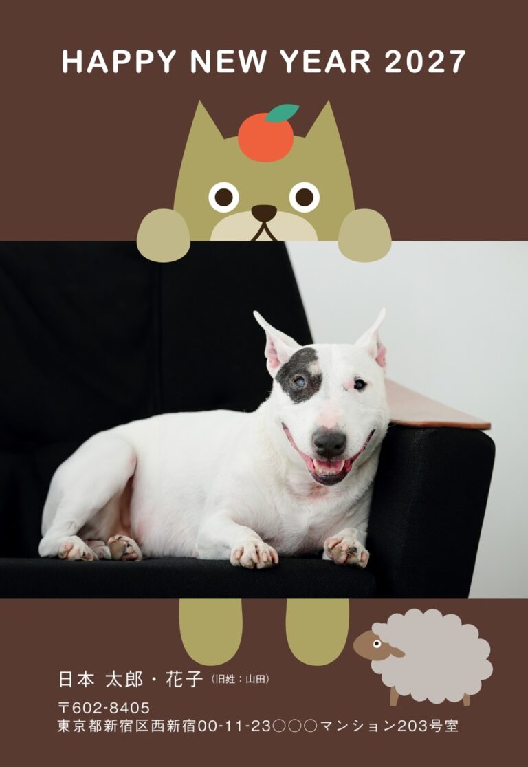 しまうまプリントの2027年用年賀状デザイン「みかんをのせて写真の枠からのぞく動物（NKK066）」