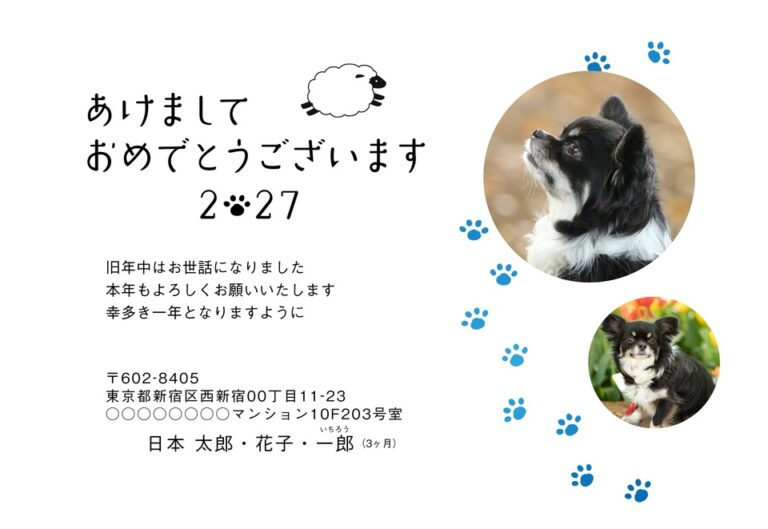 しまうまプリントの2027年用年賀状デザイン「丸い写真枠へ続く肉球の足あと（NKH066）」