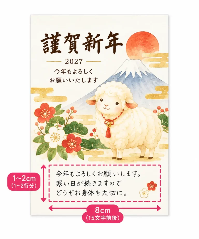 2027年の羊の年賀状で手書きの一言を書く余白と文字数の目安を示した画像