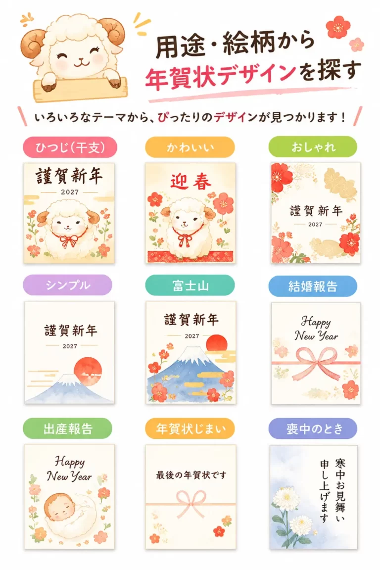 2027年の年賀状デザインを用途や絵柄から探す一覧。ひつじ、かわいい、おしゃれ、シンプル、富士山、結婚報告、出産報告、年賀状じまい、喪中のデザインを紹介