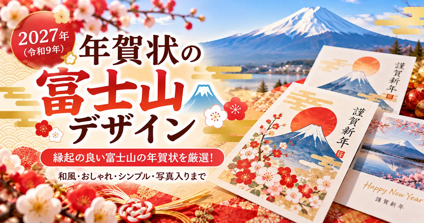 2027年の富士山をモチーフにした年賀状デザイン。初日の出、梅の花、和風のイラストや写真入りの年賀状を紹介。