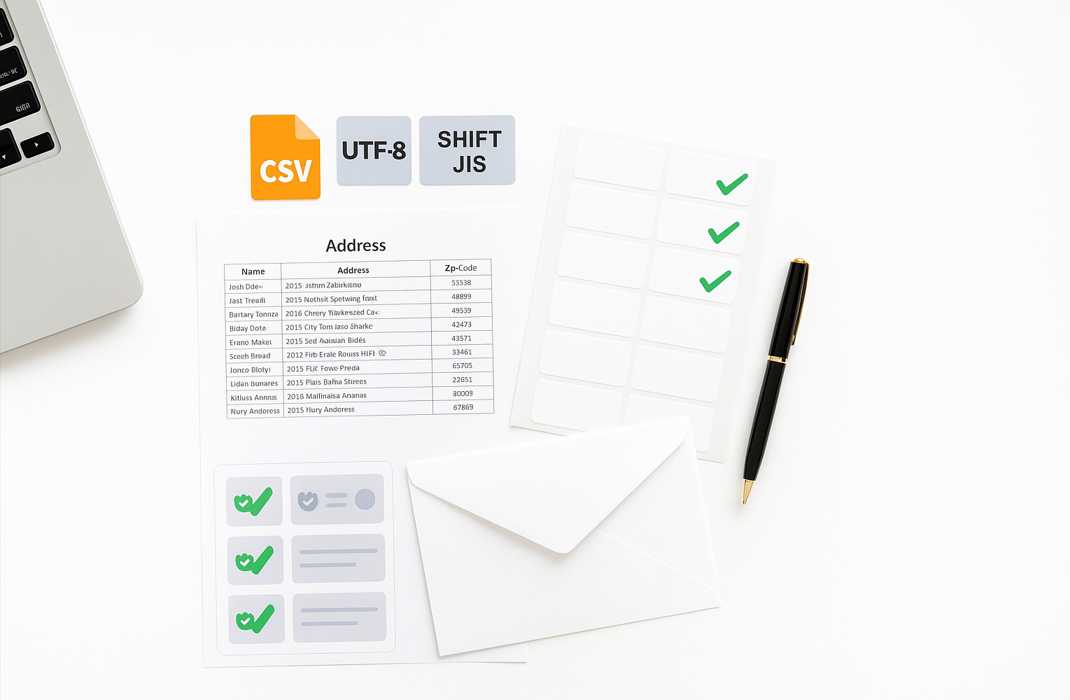 宛名印刷の全体像を示すイメージ。ノートPCのキーボード、CSV用の表、宛名ラベル台紙、白封筒、黒のペンを白背景で左寄せ配置(右側に広い余白)。