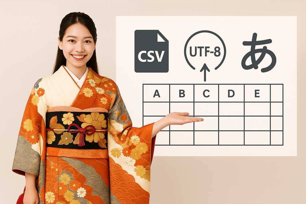 宛名CSVテンプレの図解。左に公式キャラクター、右にCSV表グリッドとCSVファイル/UTF-8/かなを示すアイコンを配置した横長画像(文字なし)。