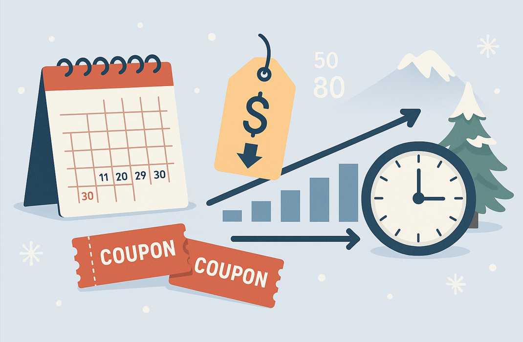 2026年の早割をイメージした横長イラスト。カレンダー、割引タグ、上向きグラフ、時計、クーポン券が並ぶ冬景色の背景。