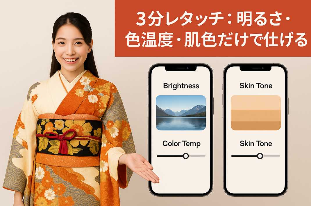3分レタッチ:明るさ・色温度・肌色だけで仕上げる。着物のキャンペーンガールが左手で右側のスマホ2台を指し示し、風景で明るさ・色温度、スキントーン帯で肌色の調整を表現した横長画像。