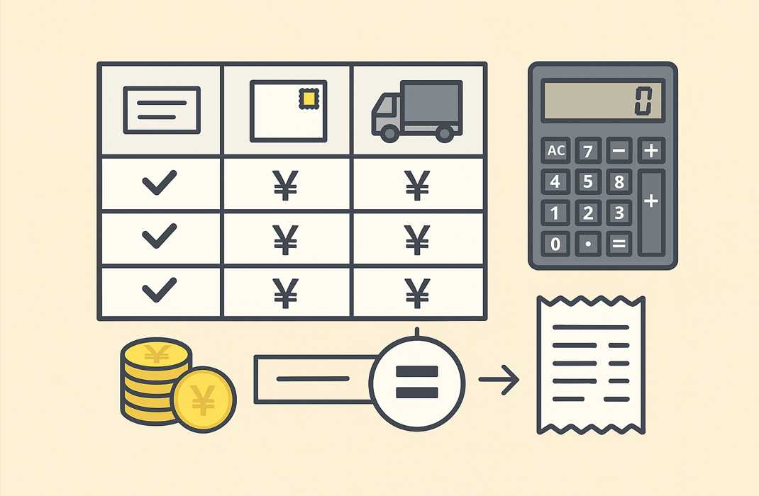 はがき代・送料・配送を並べて合計を比べる横長イラスト。比較表、電卓、レシート、硬貨のアイコン。